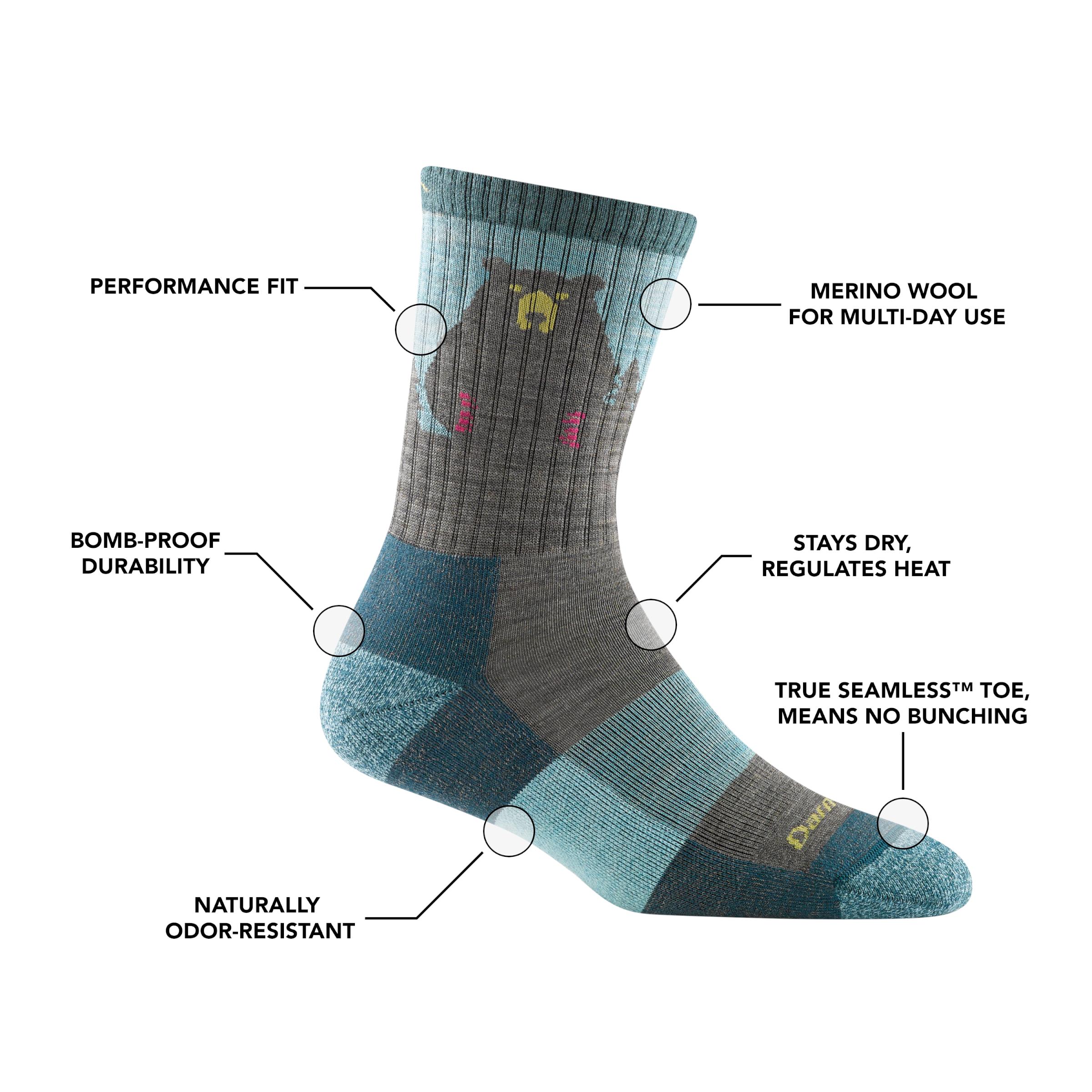 Darn Tough Bear Town Micro Crew hiking socks with cushioning, Dark Teal