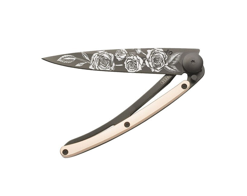 Deejo Tattoo Gold Folding Knife, 18kt Pink Gold Roses