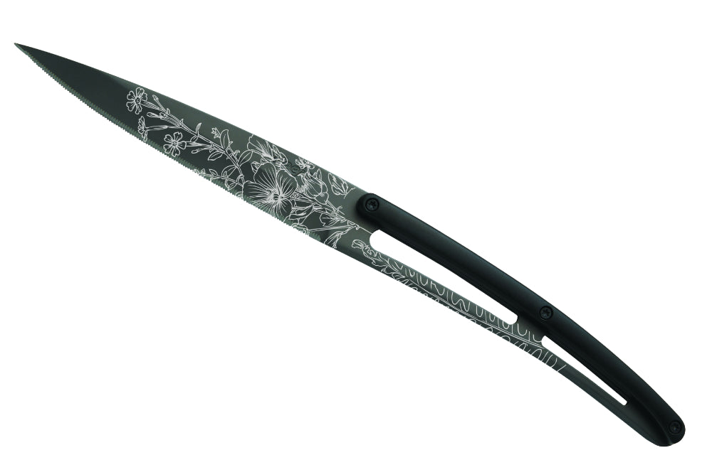 Deejo 6-Piece Steak Knife Set, Black Titan Blade, Serrated Edge, Black ABS Handle, Blossom Design