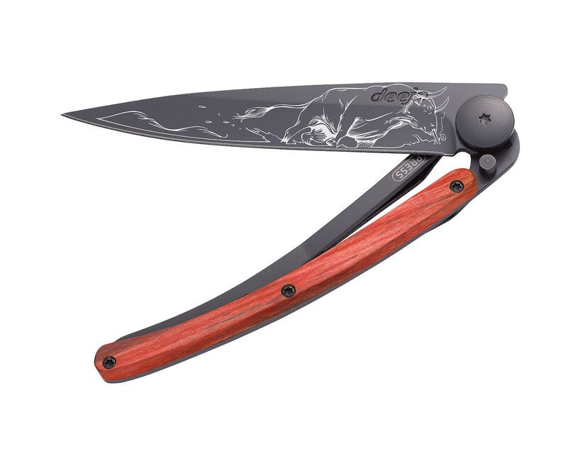 Deejo Tattoo Bull Folding Knife, Black/Red Beech