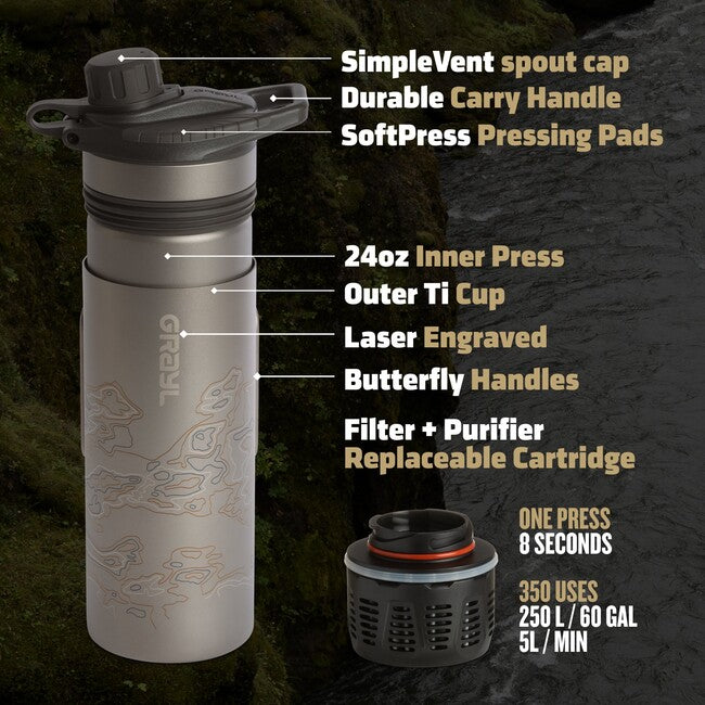 GRAYL Titanium GeoPress™ Purifier Filtration Bottle with Cook Lid, Covert Black