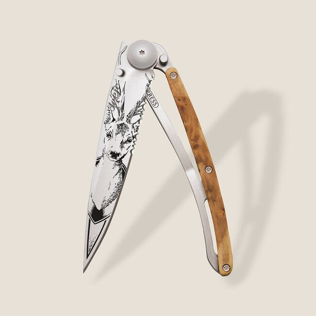 Deejo Serration Folding Knife, Titan Wood, Deer