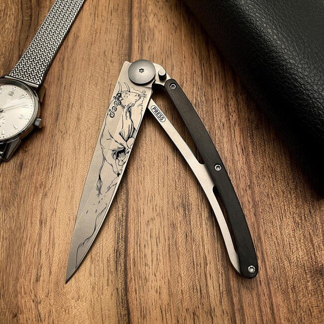 Deejo Tattoo Wood Bull Folding Knife