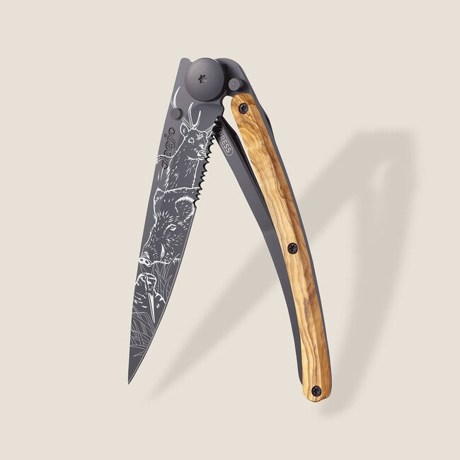 Deejo Tattoo Serration Folding Knife, Olive Wood, Hunting Scene