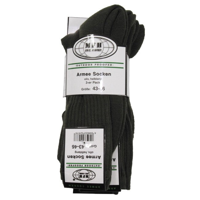 MFH Military Socks, Olive Green, Mid-Calf, 3 Pack