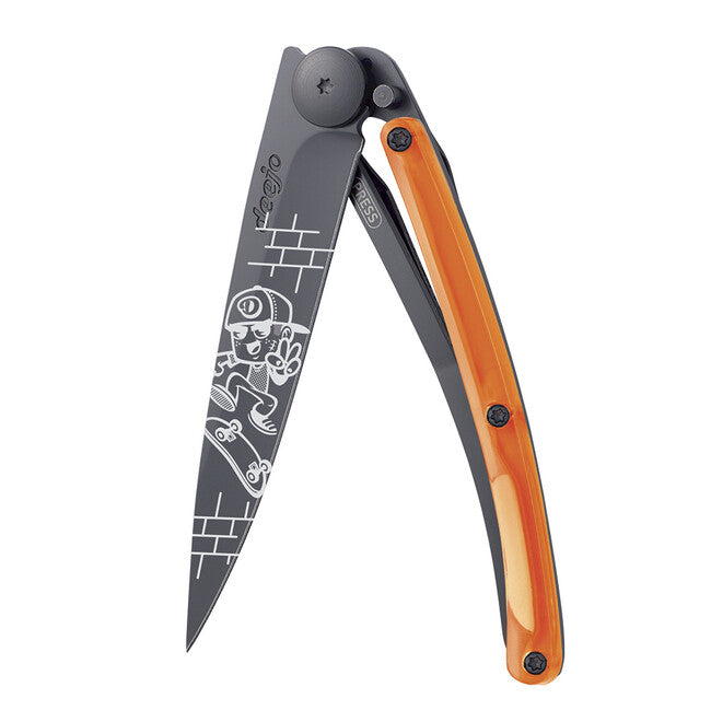Deejo Street Collection Folding Knife, Black Orange Skate