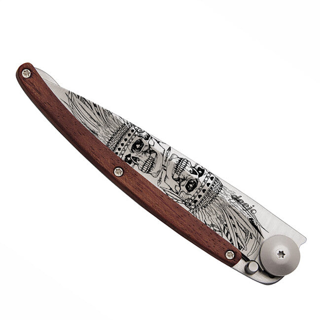 Deejo Tattoo Indian Skull Folding Knife, Coral Wood