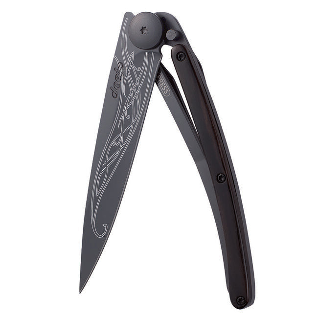 Deejo Black Tattoo Folding Knife, Ebony Wood, Elven Blade