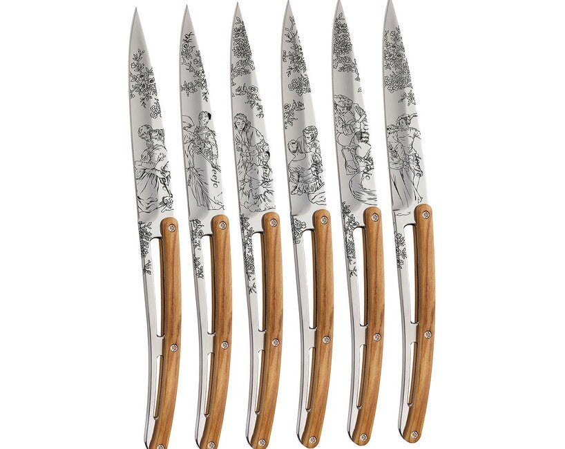 Deejo Tattoo Set of 6 Steak Knives, Polished Surface, Olive Wood, Toile de Jouy