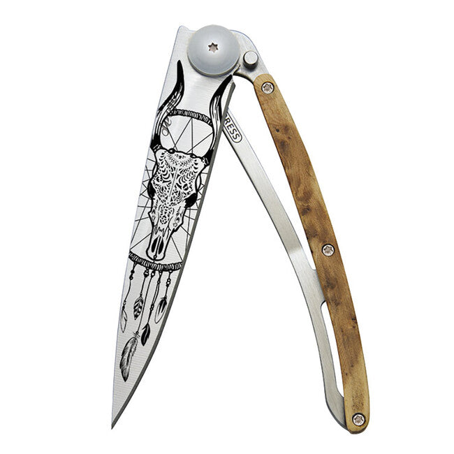 Deejo Tattoo Dreamcatcher Folding Knife, Juniper Wood