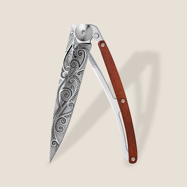 Deejo Tattoo Mirror Folding Knife, Coralwood Pacific