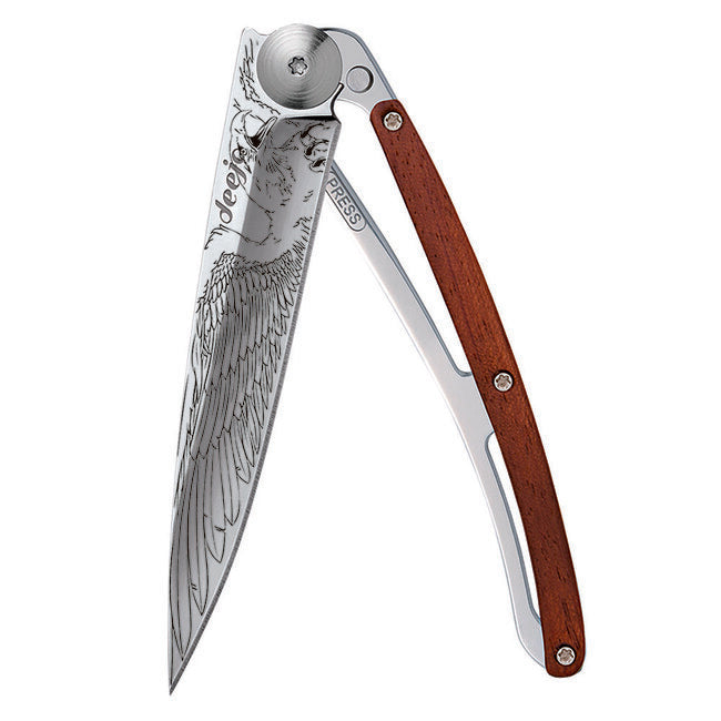 Deejo Tattoo Mirror Folding Knife, Coralwood Eagle