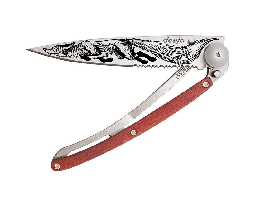 Deejo Tattoo Serration Folding Knife, Coralwood