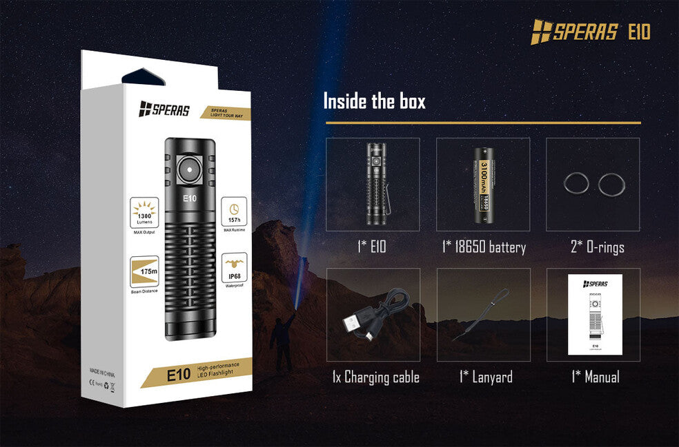 Speras E10 Flashlight 1300LM 175M Outdoor Camping EDC