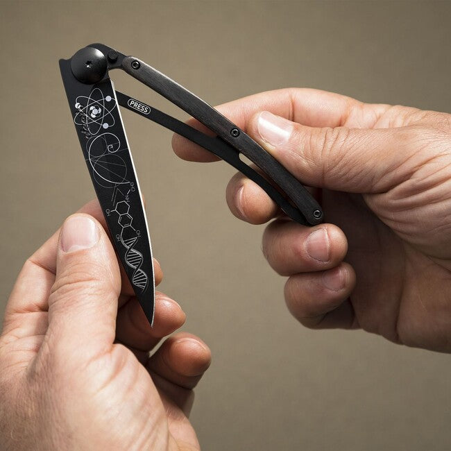 Deejo Tattoo Folding Knife, Black Ebony Wood Science