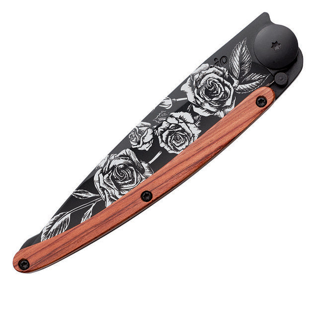 Deejo Folding Knife Black Tattoo Coralwood Roses