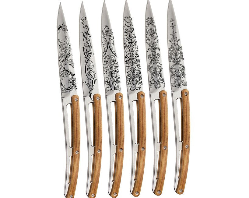 Deejo Tattoo Grand Siecle Steak Knife Set 6pcs, Polished Finish, Olive Wood