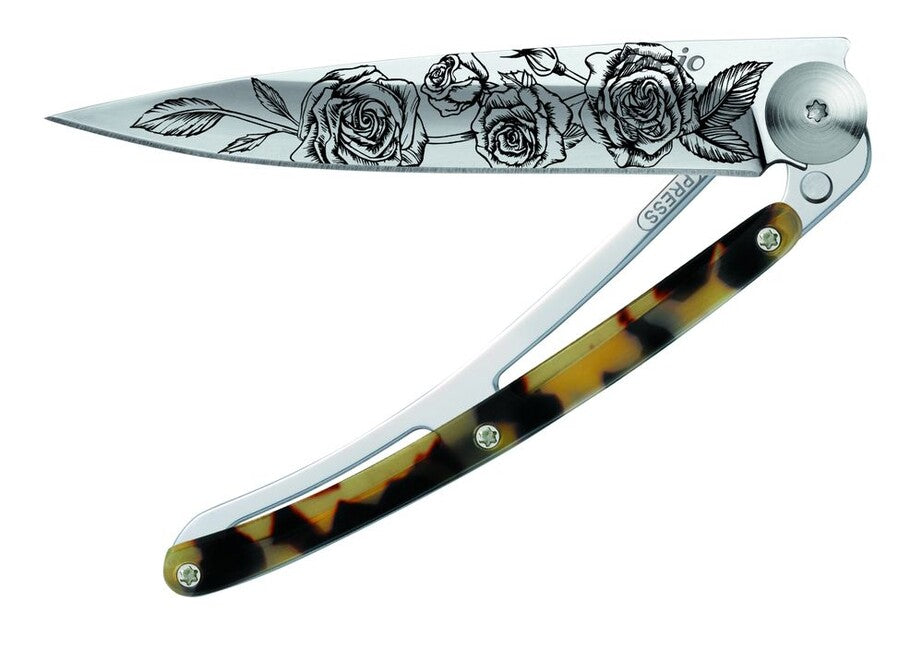 Deejo Tattoo Turtle Mirror Dark Turtle Roses Folding Knife