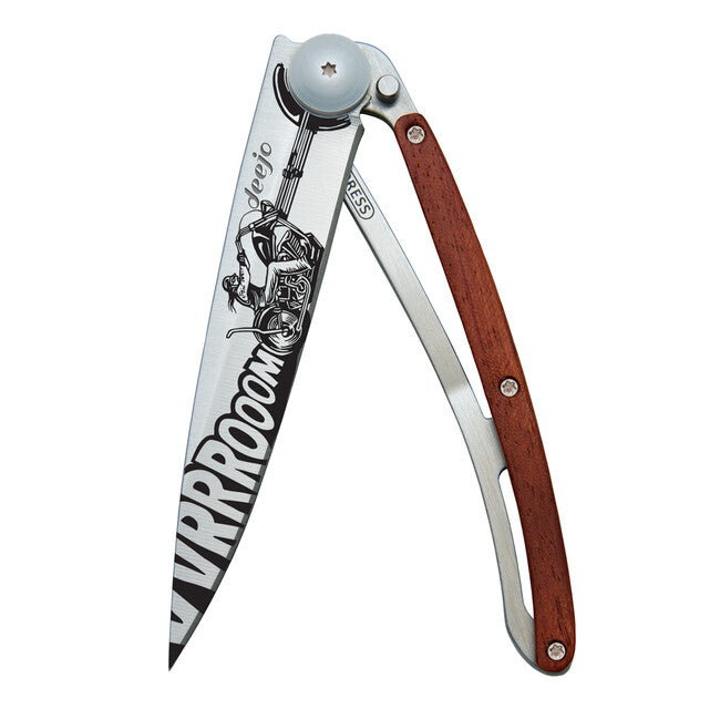 Deejo Tattoo Biker Vroom Folding Knife, Coralwood