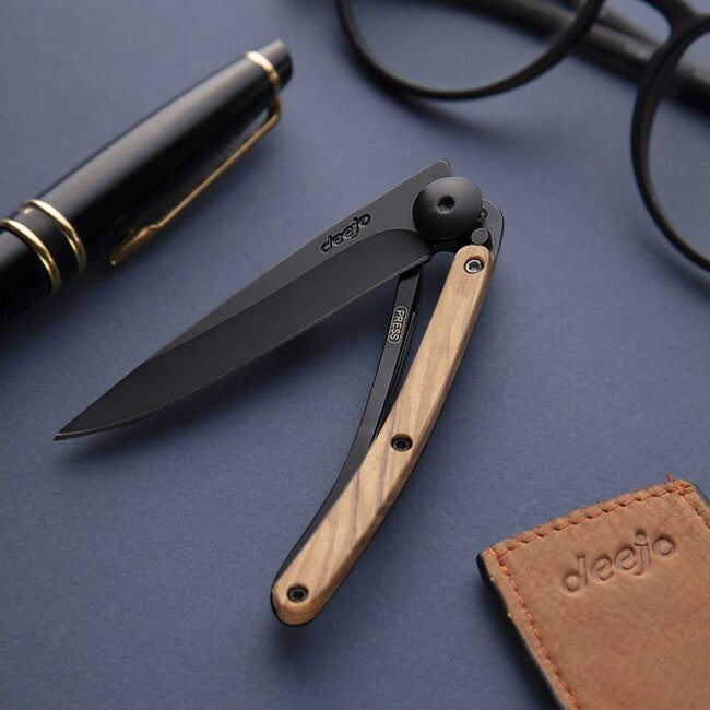Deejo Folding Knife, Olive Wood, Black
