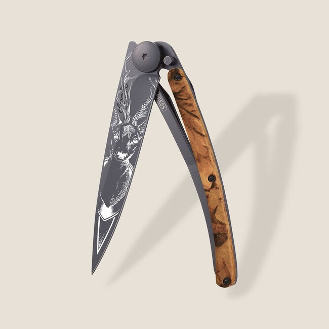Deejo Tattoo Folding Knife, Black Brown Camo Deer