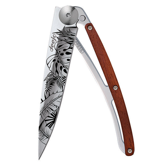 Deejo Tattoo Mirror Folding Knife, Coralwood Jungle