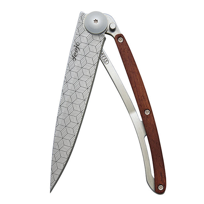 Deejo Tattoo Illusion Folding Knife, Coralwood