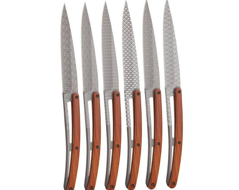 Deejo Tattoo Set of 6 Steak Knives, Matte Finish, Coralwood, Geometry Design