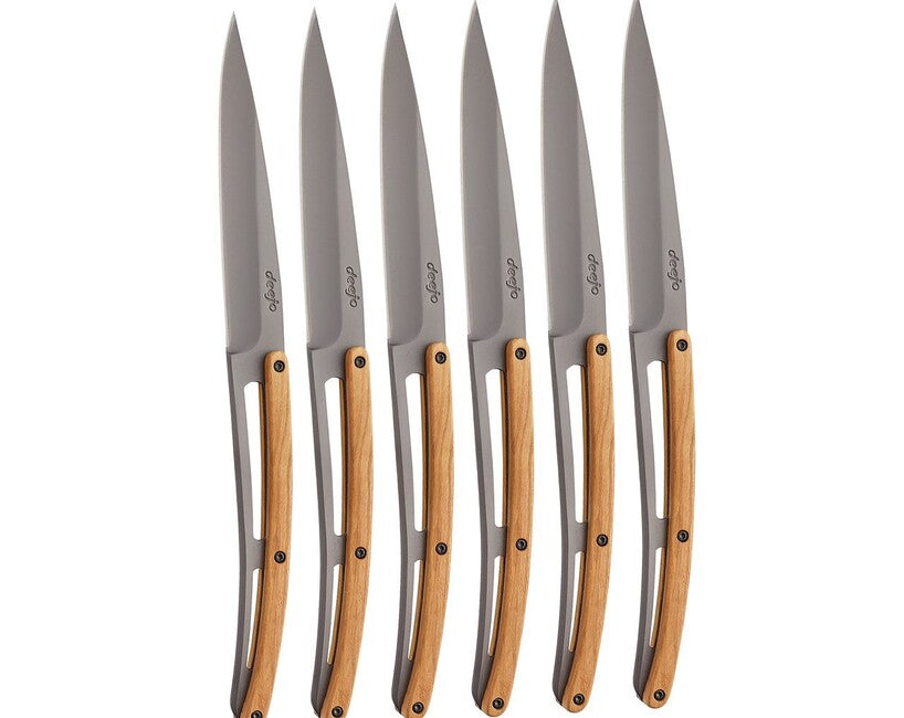 Deejo Table 6-Piece Knife Set, Grey Titanium, Olive Wood