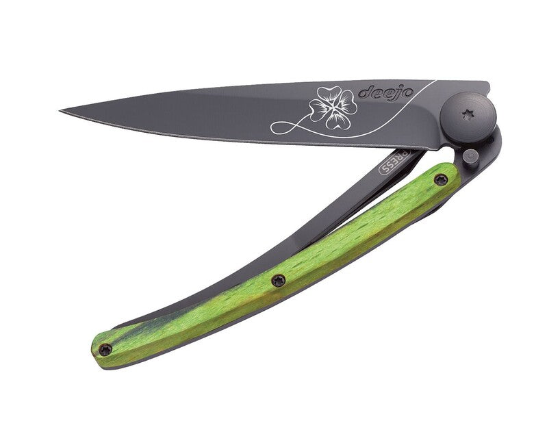 Deejo Tattoo Folding Knife, Black, Green Beech, Lucky Charm