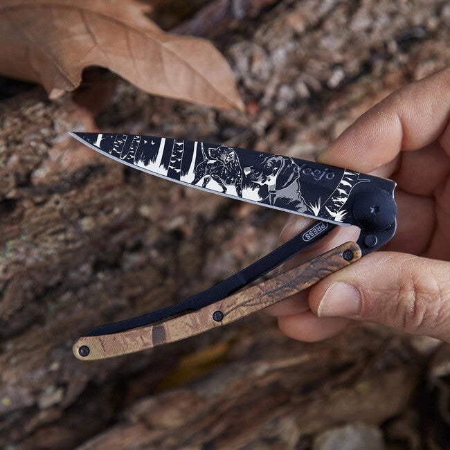Deejo Tattoo Folding Knife, Black Brown Camo Hunting Day