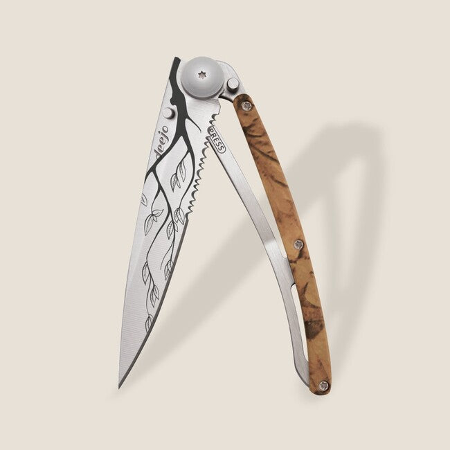 Deejo Tattoo Serration Folding Knife, Brown Camo Tree