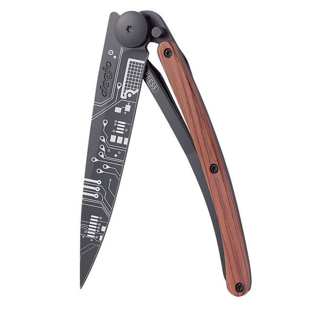 Deejo Tattoo Black Folding Knife Coralwood Circuit Board