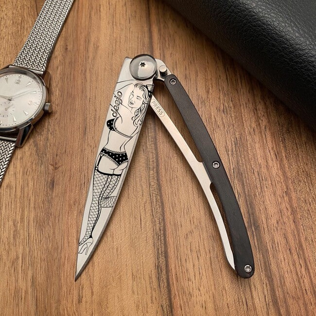Deejo Tattoo Mirror Folding Knife, Ebony Wood Pin Up