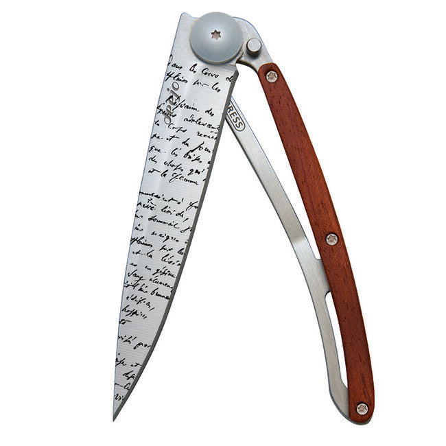 Deejo Tattoo Folding Knife, Coralwood Manuscript