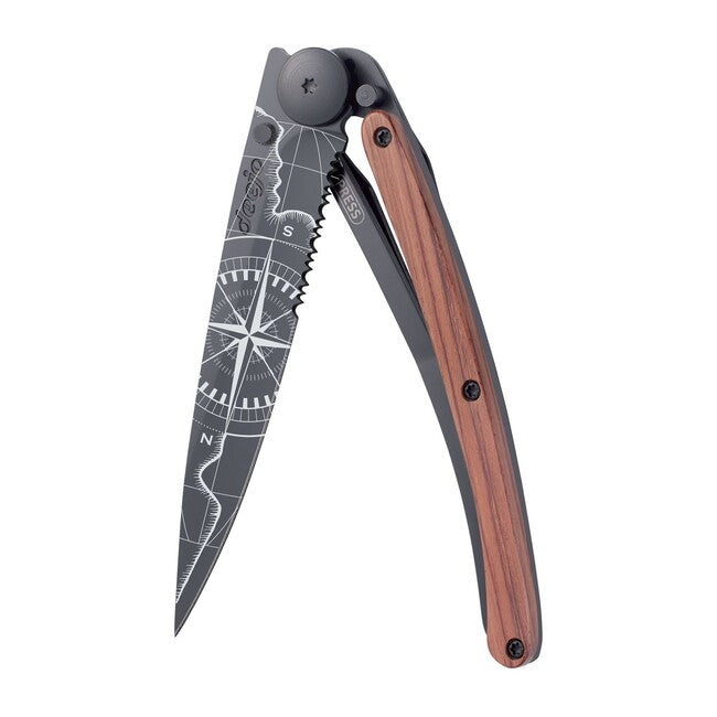 Deejo Serration Folding Knife, Black Coralwood Terra Incognita