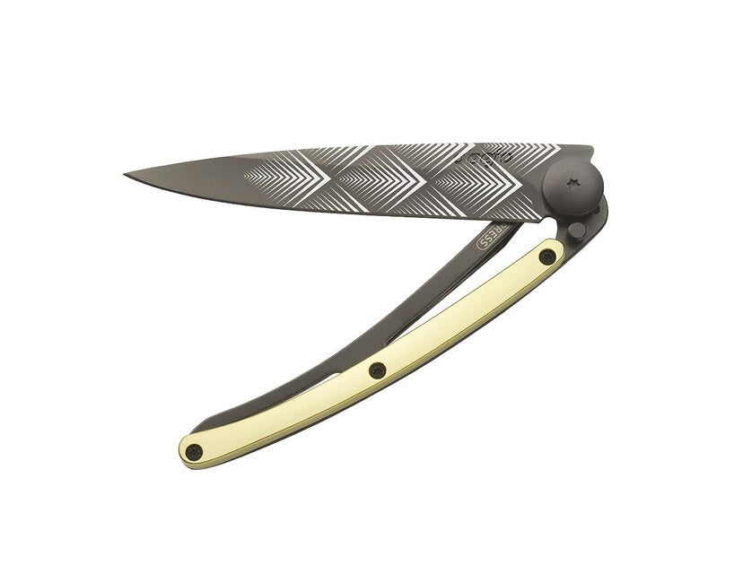 Deejo Folding Knife GOLD Tattoo 23kt Yellow Gold Art Deco