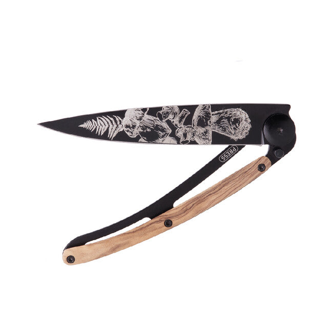 Deejo Tattoo Folding Knife, Black, Olive Wood, Mushroom