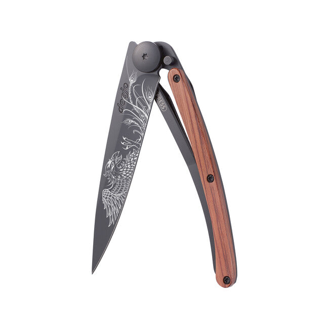 Deejo Tattoo Folding Knife, Black Coral Wood Phoenix