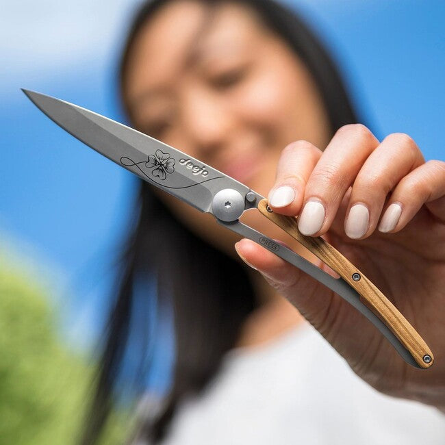 Deejo Tattoo Wood Lucky Charm Folding Knife