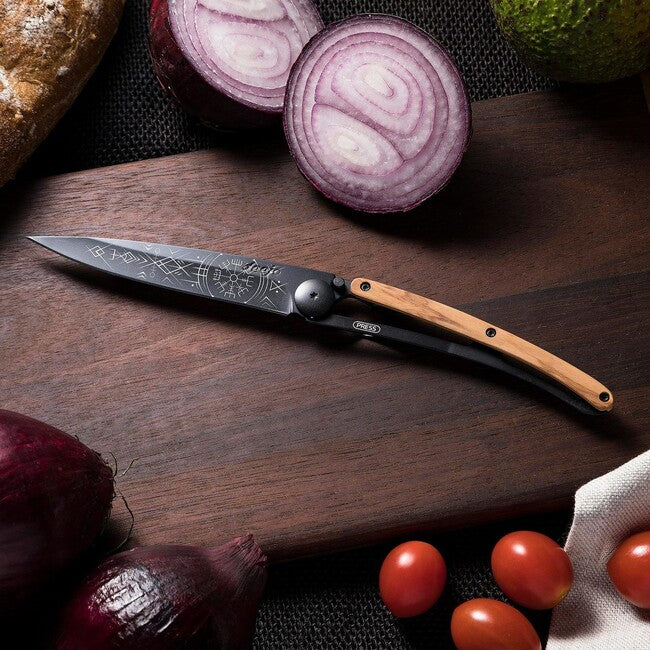 Deejo Tattoo Folding Knife, Black Olive Wood, Viking Vegvisir