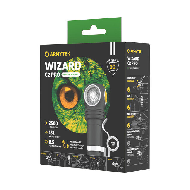 ArmyTek Wizard C2 Pro Magnet White LED Flashlight with Magnetic Mount, Battery Powered, 2500 lm, 4800 h, 65