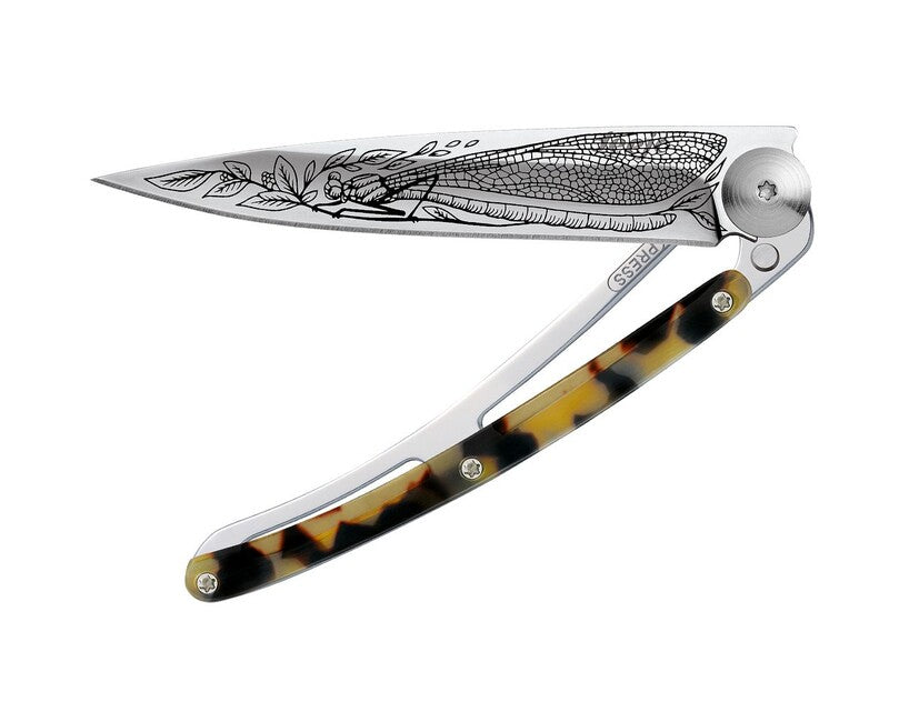 Deejo Tattoo Turtle Mirror Folding Knife Dragonfly