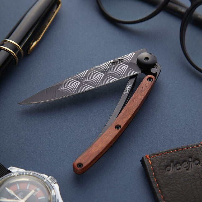 Deejo Tattoo Folding Knife, Black Coralwood, Art Déco
