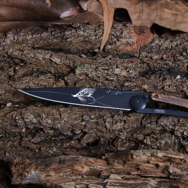 Deejo Tattoo Folding Knife, Black Brown Camo, Silver Wilkinson