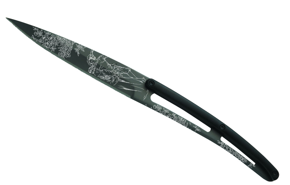 Deejo Set of 6 Steak Knives, Black Titanium Blade, Serrated Edge, Black ABS Handle, Toile de Jouy Design