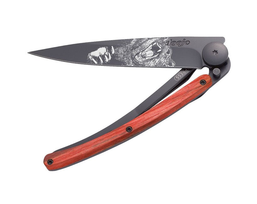 Deejo Tattoo Folding Knife, Black Red Beech Grizzly