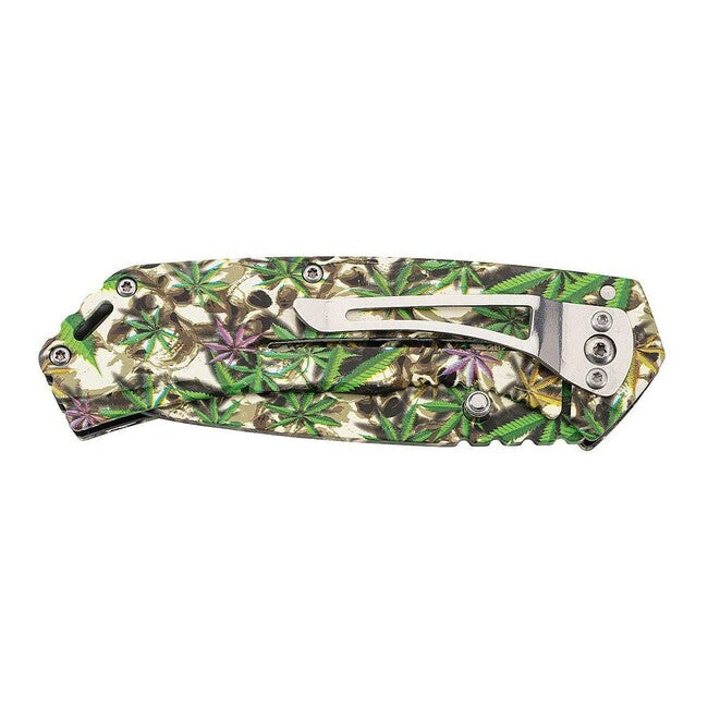 Herbertz Single-Hand Pocket Knife 9cm, Stainless Steel, 3D Skulls and Cannabis Leaves
