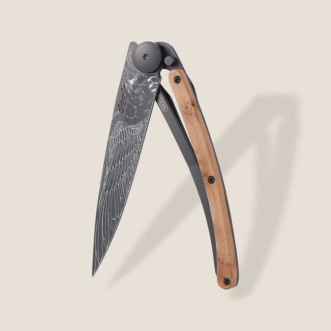 Deejo Tattoo Biker Eagle Folding Knife, Black Juniper Wood