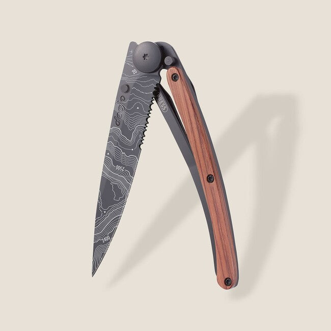 Deejo Serration Folding Knife, Black Coralwood Topography